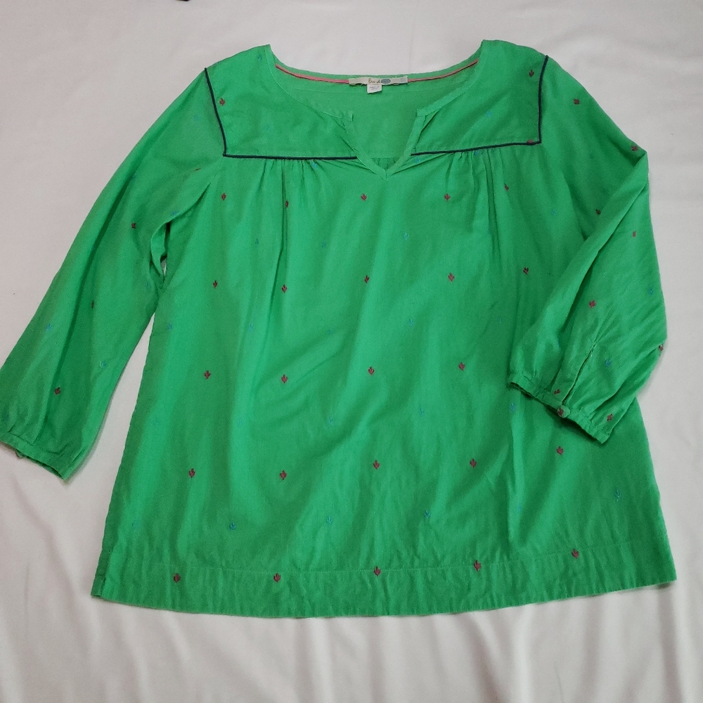 Boden Green Blouse with Embroidered Accents